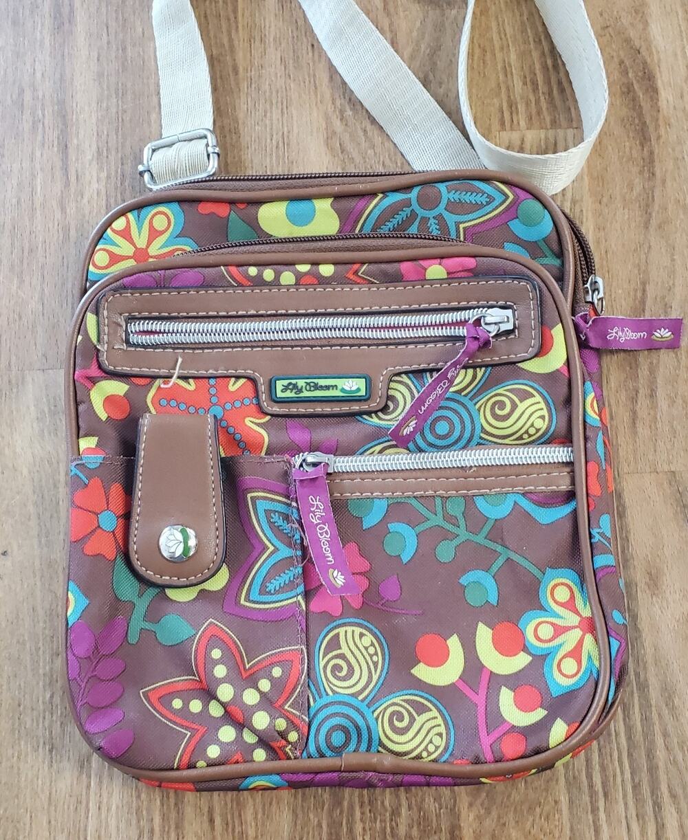 Lily Bloom Crossbody Shoulder Purse Bag Tan w/Floral Lots Of Compartments VGUC